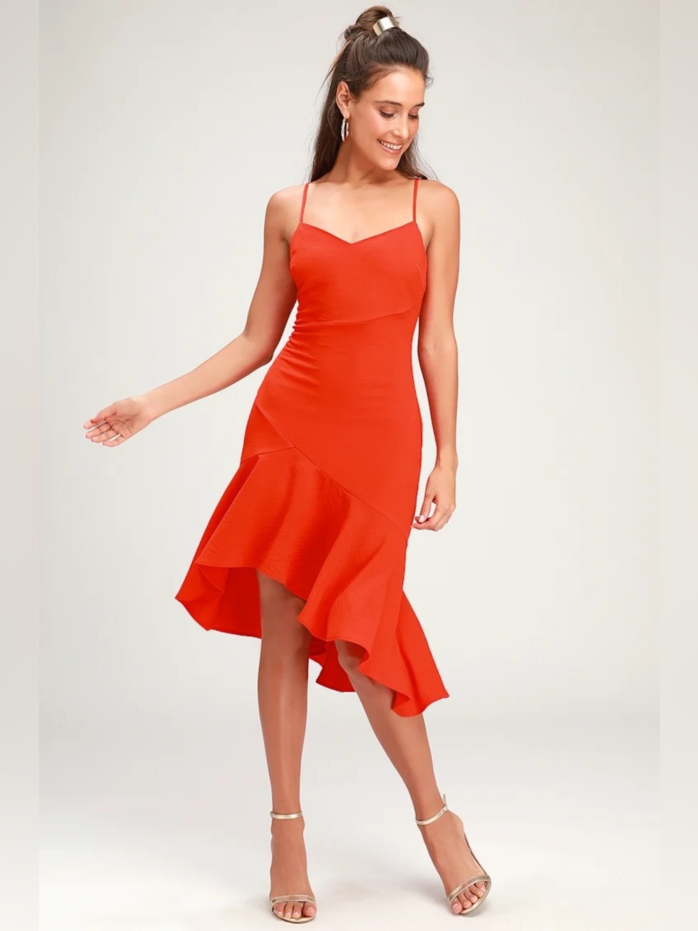 Lulu’s Eyes on You Coral Red Ruffled Asymmetrical Bodycon Dress